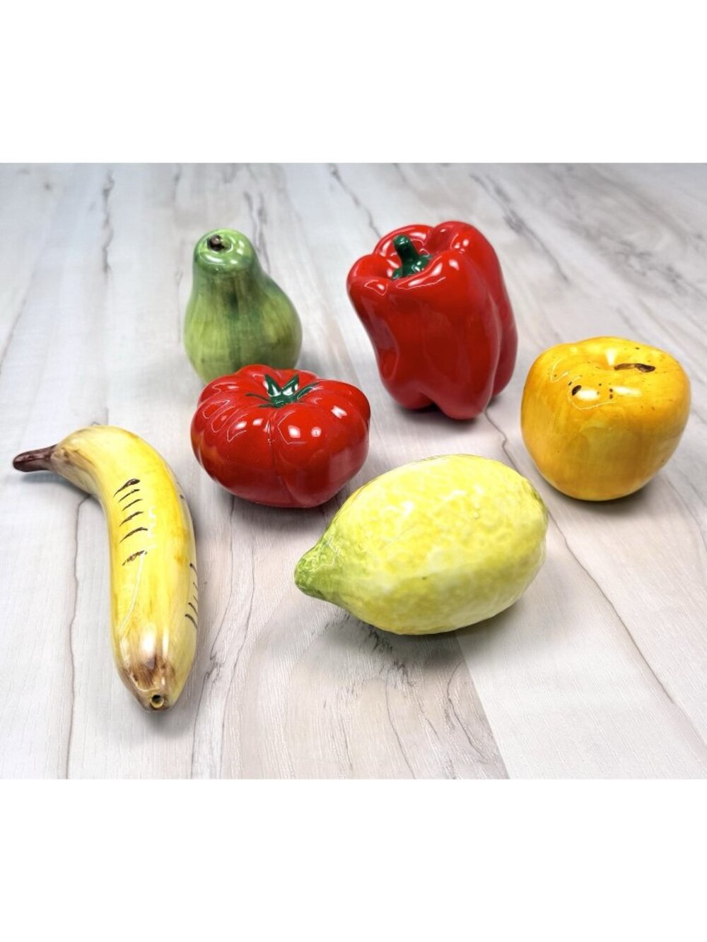 6pc Lot Handpainted Ceramic Faux FRUIT & VEGETABLES Lemon Apple Tomato Banana ++